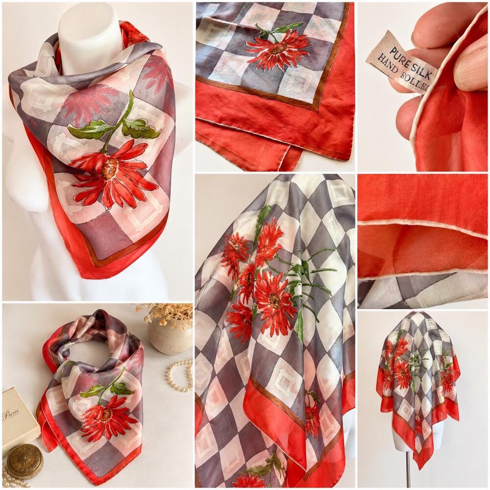 Vintage Pure Silk Hand Rolled Scarf Red Gerbera Daisy Harlequin Print 35" - Picture 2 of 11